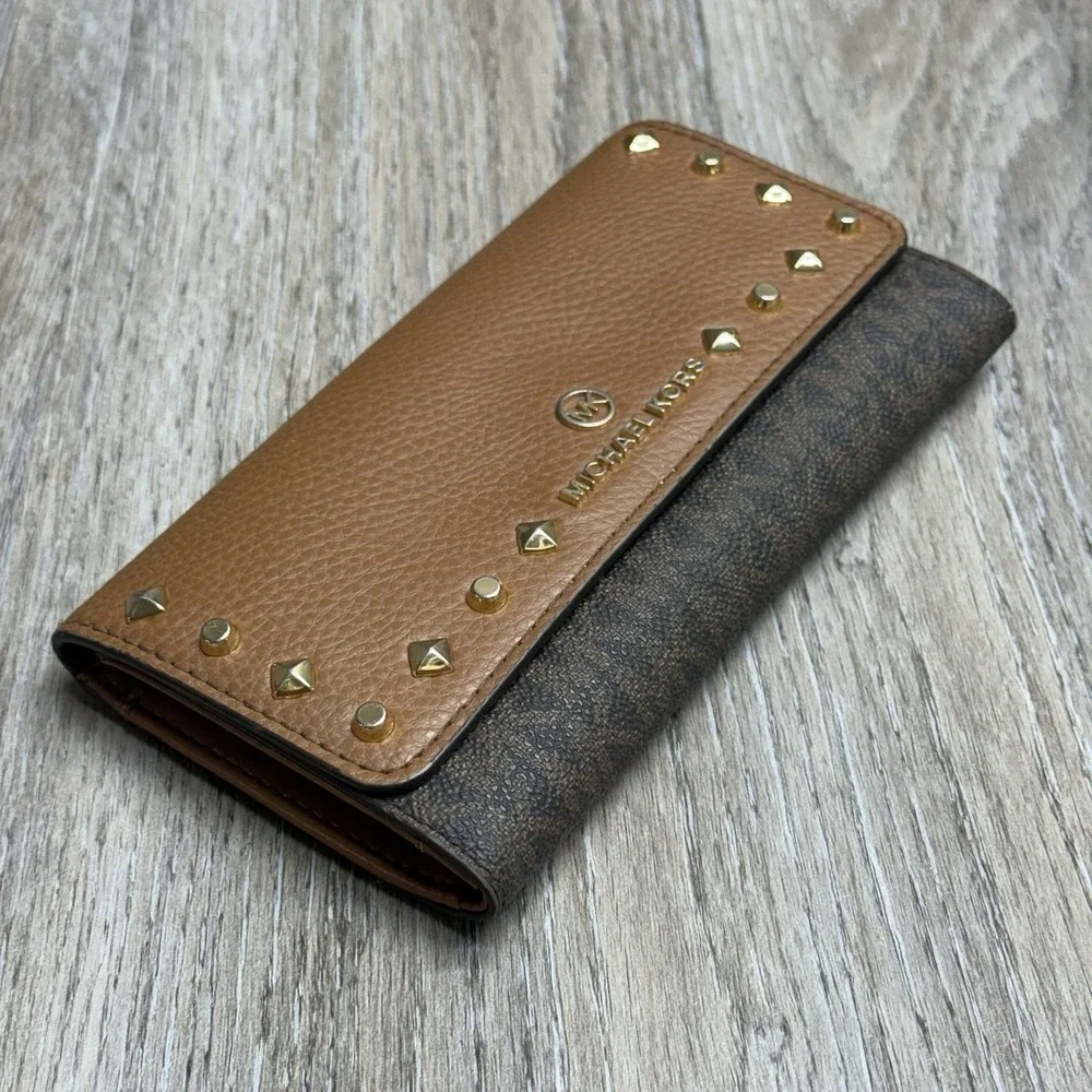 Michael Kors Karla Large Trifold Wallet Tan Studded Faux Leather Logo